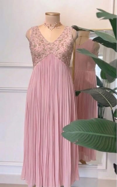 Dusty Rose Pink Georgette Crush Pleated Flared Sleeveless Anarkali with Heavy hand work yoke