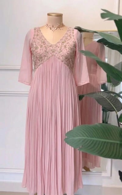 Dusty Rose Pink Georgette Crush Pleated Flared Anarkali with Heavy hand work yoke