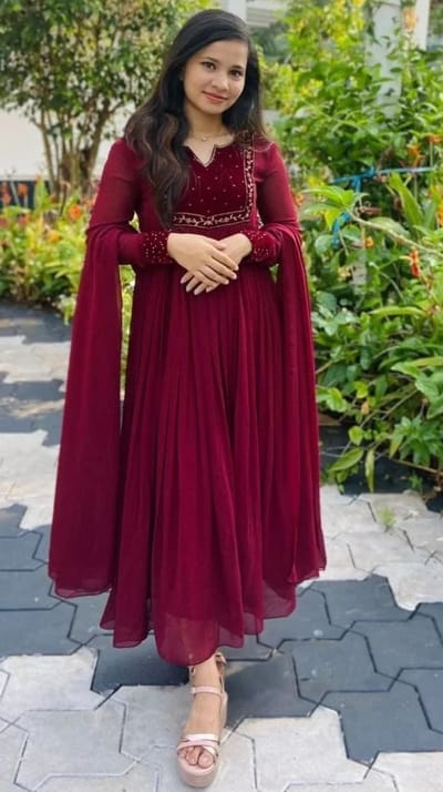 Maroon Red Velvet Yoke Hand Worked Flared Anarkali