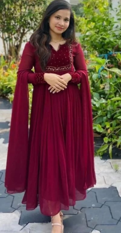 Maroon Red Velvet Yoke Hand Worked Flared Anarkali