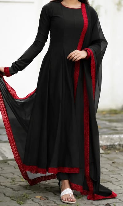 Black Chanderi Flared Panel Cut Anarkali With Contrast Maroon Red Lace Work