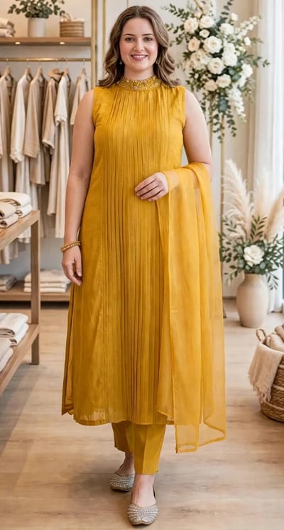 Pastel Lemon Yellow Pleated Salwar with Golden Hand Works in Sleeveless