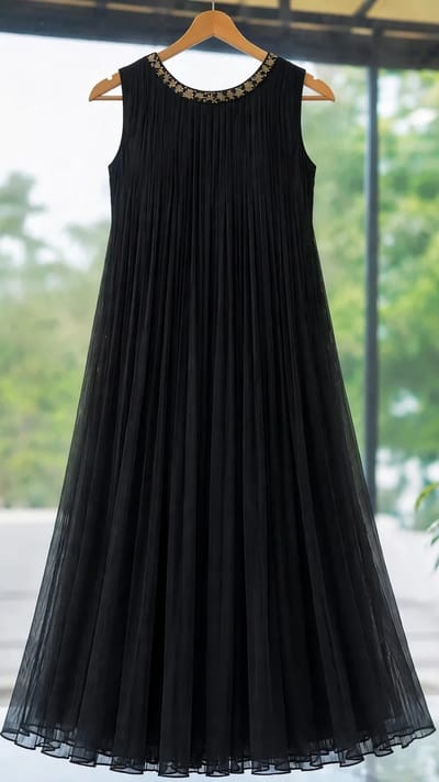 Trending black Pleated Salwar with Golden Hand Works in Sleeveless