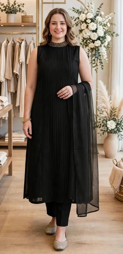 Trending black Pleated Salwar with Golden Hand Works in Sleeveless