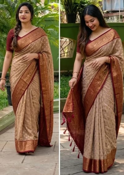Beige Maroon Banarasi Soft Silk Saree Classy Traditional Look