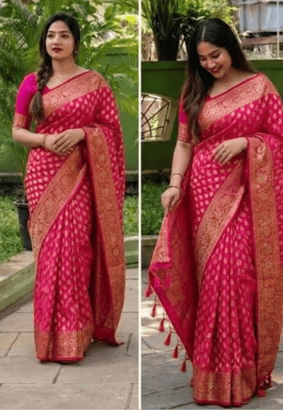 Rani Pink Banarasi Soft Silk  Saree with Heavy Gold Zari Weaving  - Rich Look