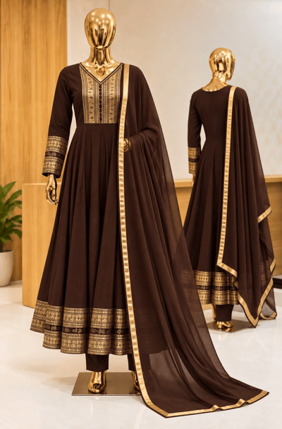 Royal Coffee Brown Zari Panel-Cut Anarkali Set