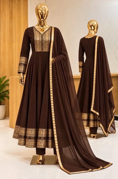 Royal Coffee Brown Zari Panel-Cut Anarkali Set