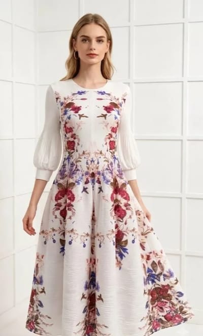 Elegant White Floral Dancing Dress in Imported Fabric