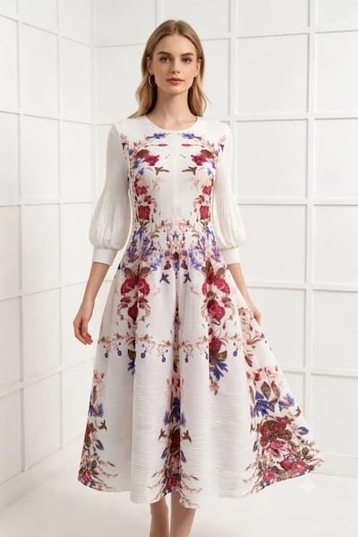 Elegant White Floral Dancing Dress in Imported Fabric