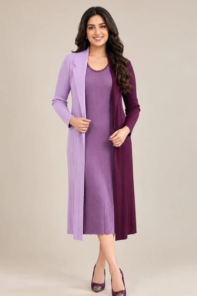 Lavender Wine Dual Tone One Piece Jacket Dress In Imported Fabric