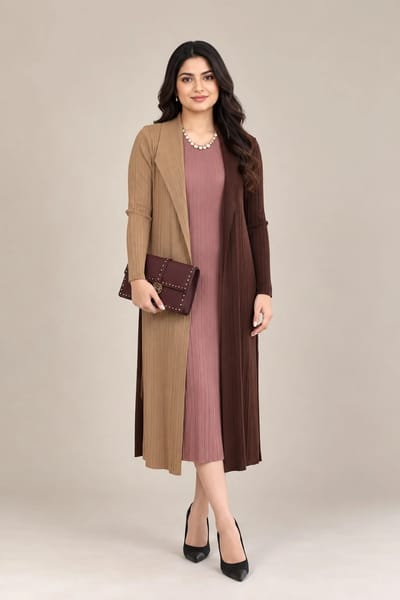 Nude Biege Coffee brown Dual tone One Piece Jacket Dress In Imported Fabric