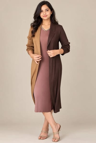 Mocha Brown Biege Dual Tone One Piece Jacket Dress In Imported Fabric