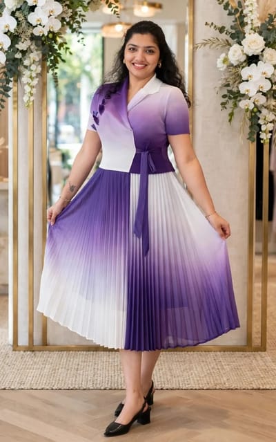 Lavender and White Pleated Wrap Dress