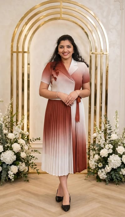 Rust Brown and Off White Pleated Wrap Dress
