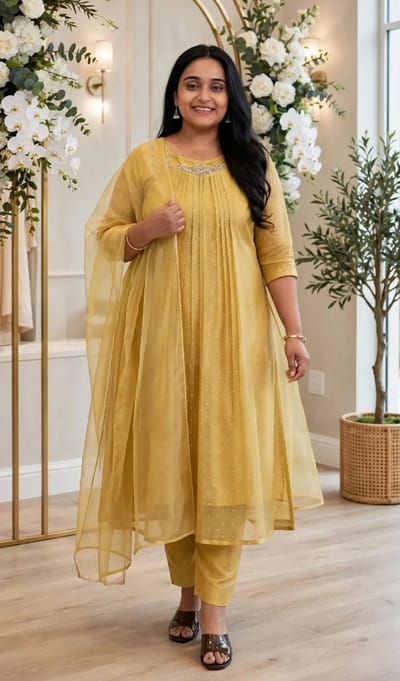 Pastel Yellow Organza Anarkali Set