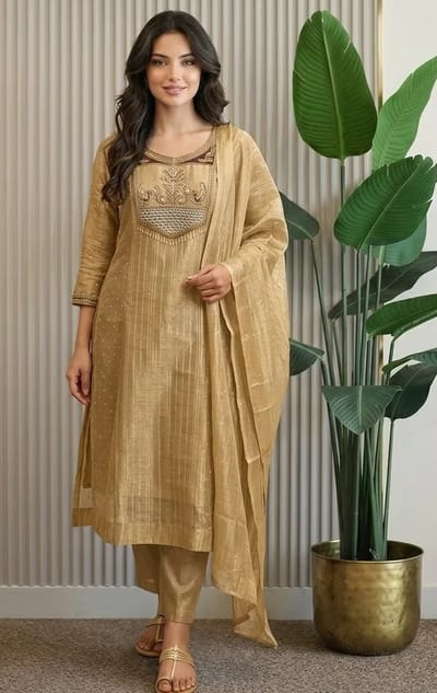 Golden Tissue Silk Salwar Set With Heavy Neck Embroidery