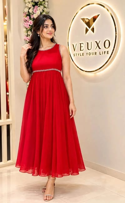 Ruby Red Georgette Flared Gown with Silver Cutwork
