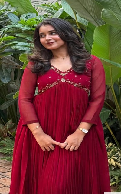 Maroon Alia-cut Pleated Anarkali With Hand Work