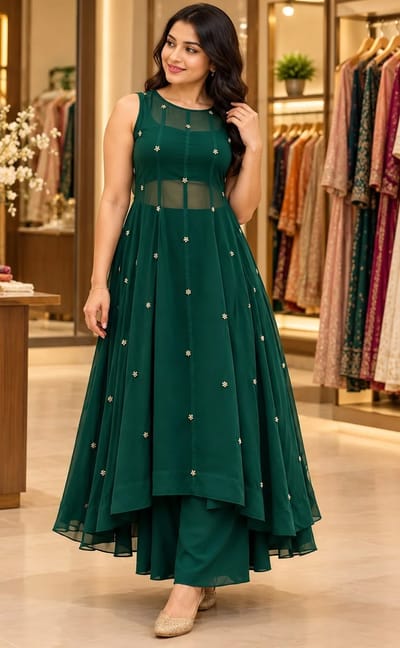 Emerald Green Chanderi Anarkali Palazzo set With Pearl Butta Work