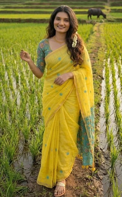 Mustard Yellow Saree with Blue Floral Butta and Kalamkari Pallu