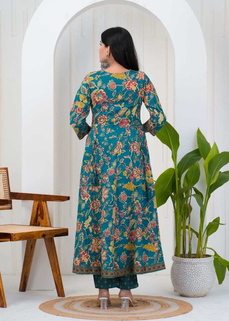  Teal Floral Cotton Anarkali Suit