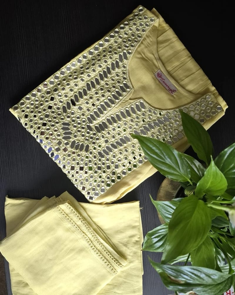 Bright Yellow Naira Cut Kurta with Mirror Work - Image 3