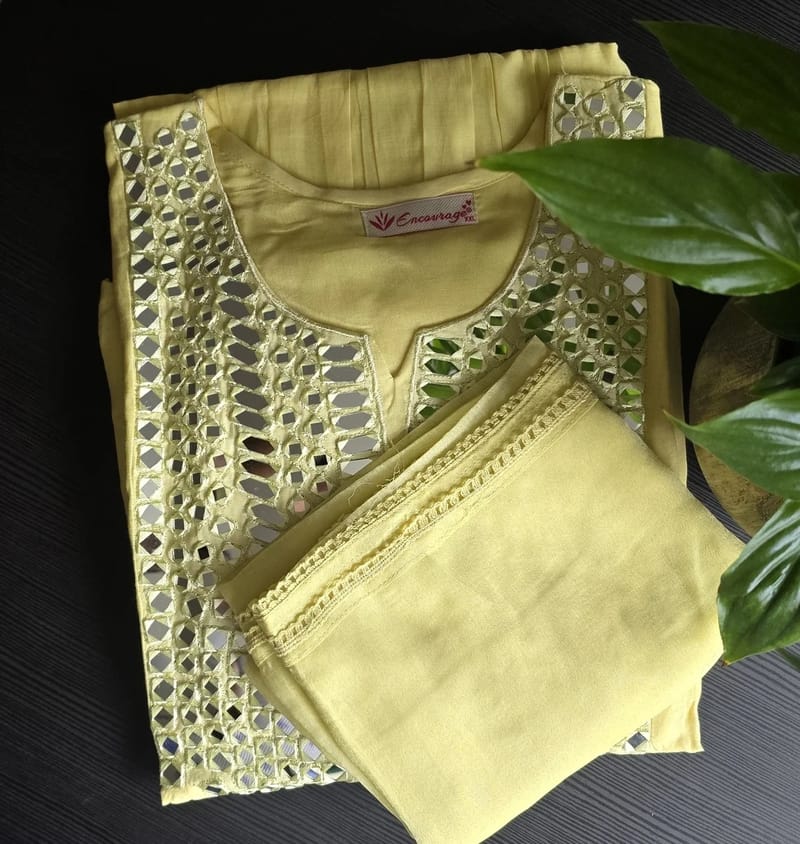 Bright Yellow Naira Cut Kurta with Mirror Work - Image 2