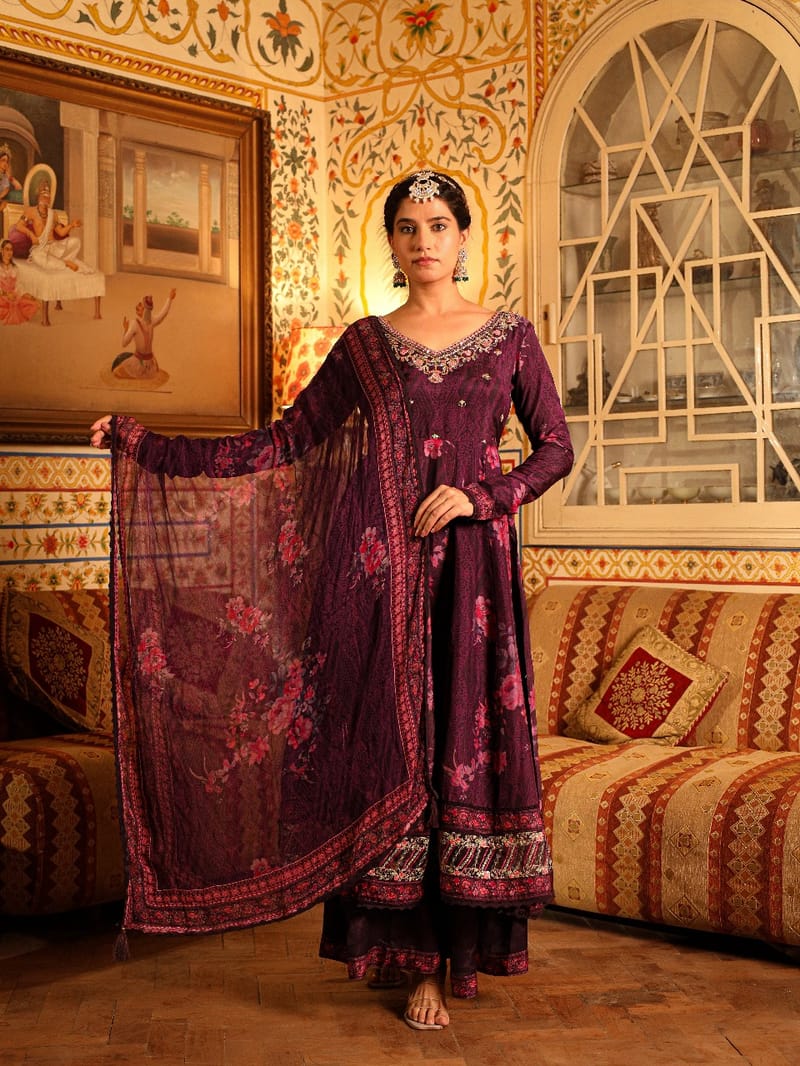Deep Plum Embroidered Anarkali Set - Image 3