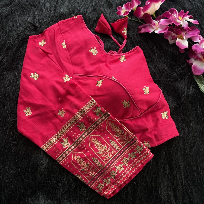 Pure Cotton Foil Print Designer Blouse in Raspberry Pink
