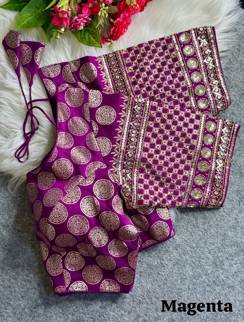 Elegant Magenta Dola Silk Blouse with Dual Weave & Sequin Embroidery - Image 2