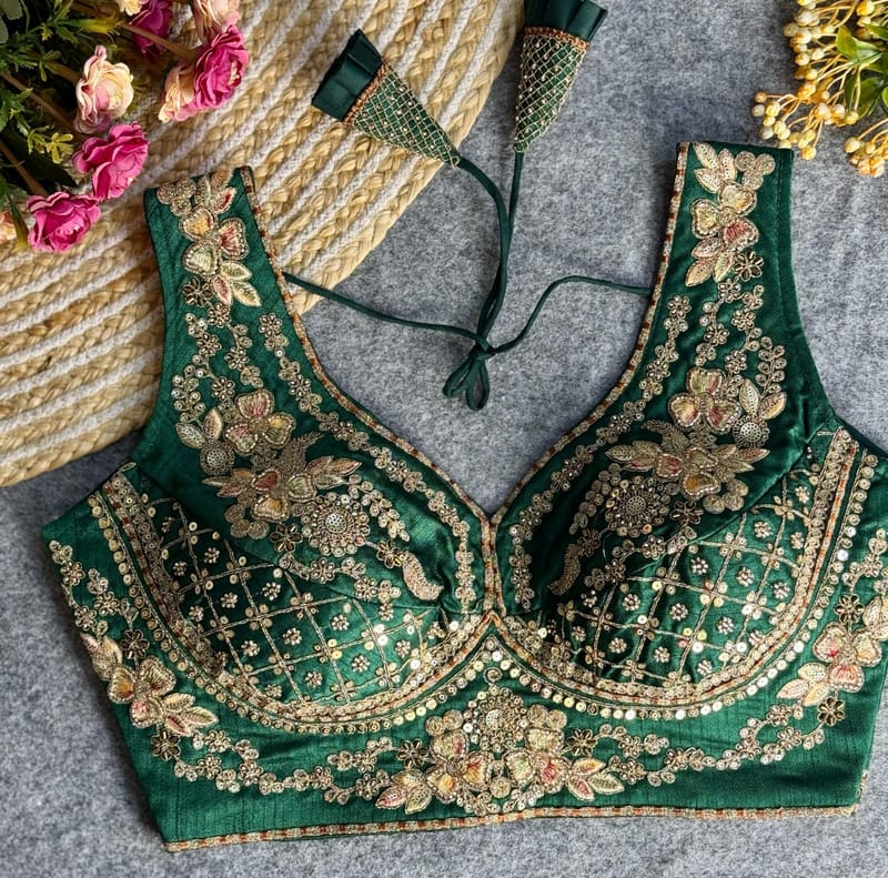 Emerald Green Embroidered Bridal Blouse - Image 2