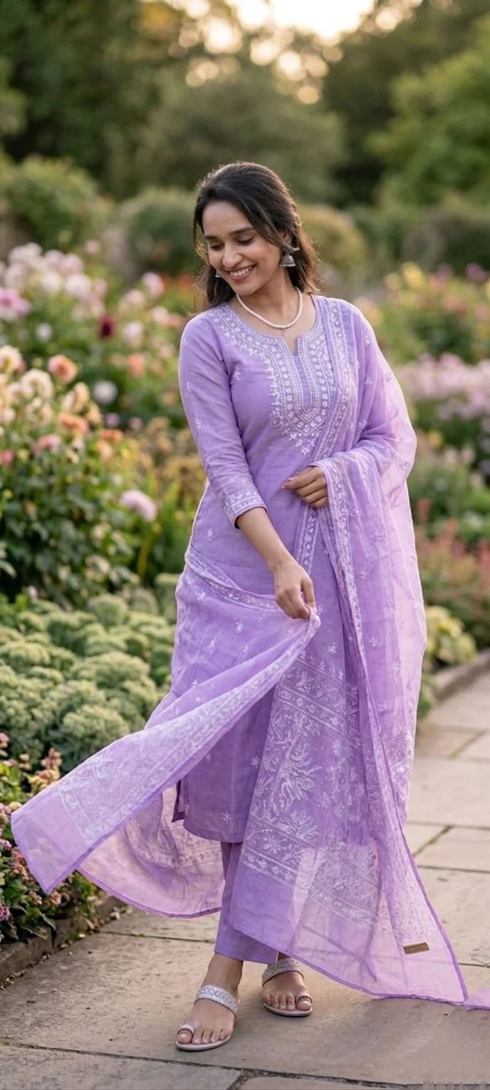  Elegant Lilac Suit with White Embroidered Flowers - Image 2