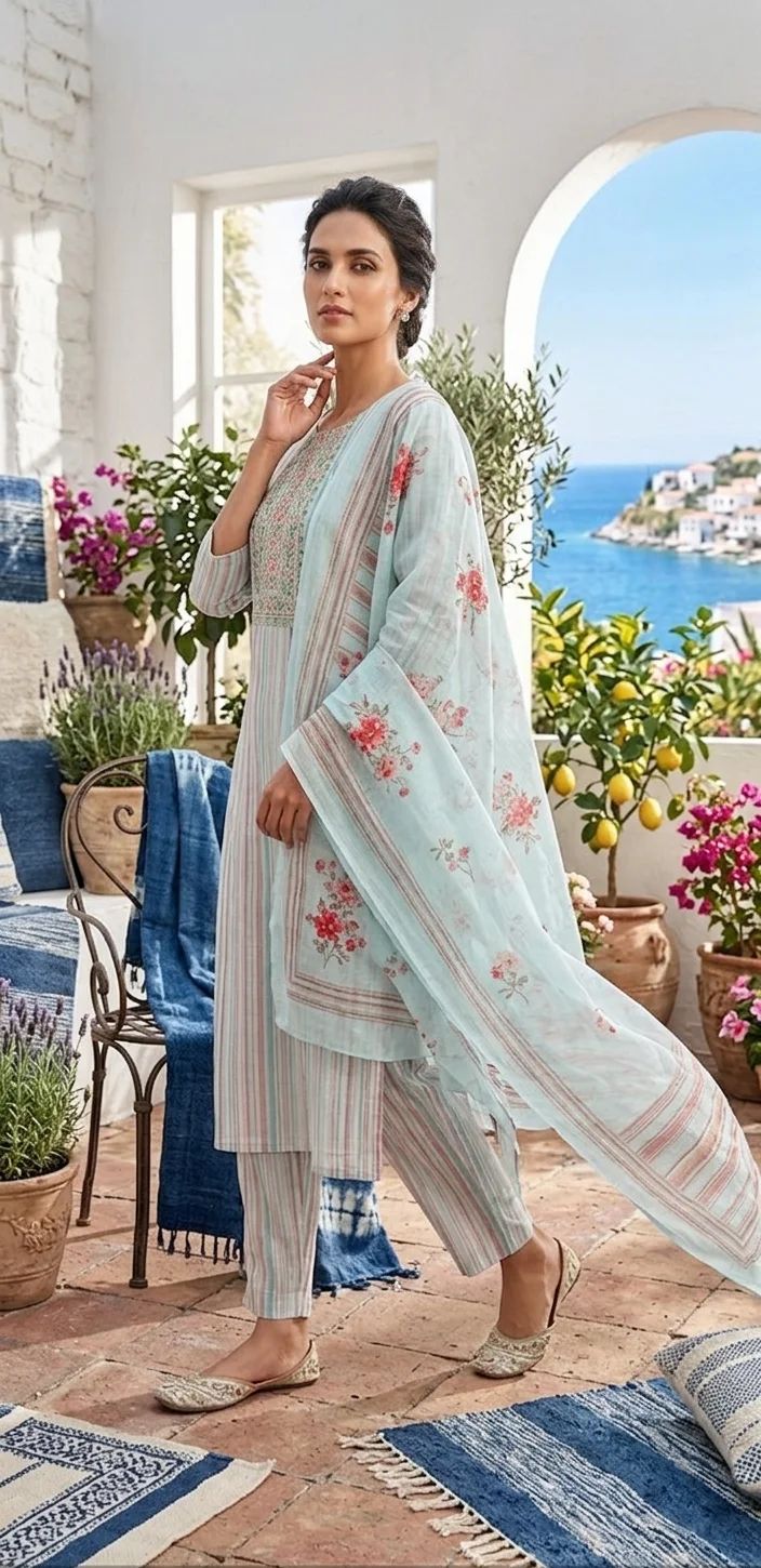 Soft Aqua Striped Kurta Set with Floral Embroidery - Image 2