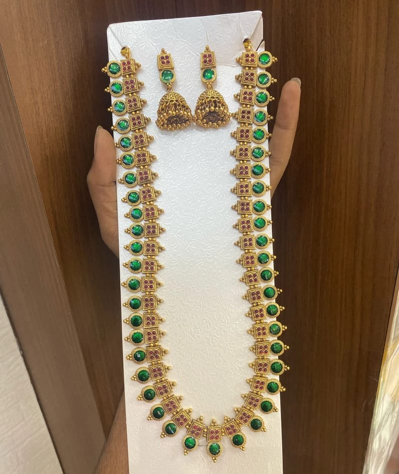 Emerald & Ruby Long Haram with Jhumkas