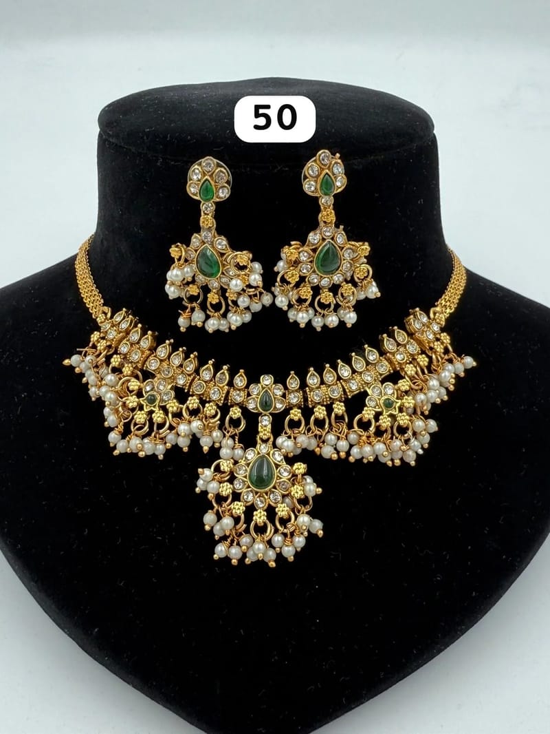 Antique Green Stone & Pearl Choker Set