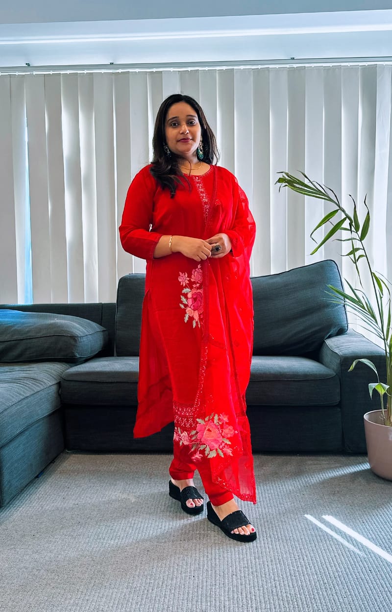  Red Floral Embroidered Kurta Set - Image 2