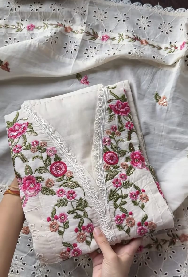 White Embroidered Chikankari Salwar Suit with Floral Motifs - Image 3
