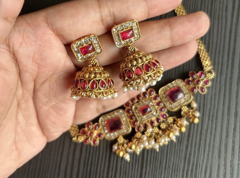 Ruby Stone Choker with Jhumkas