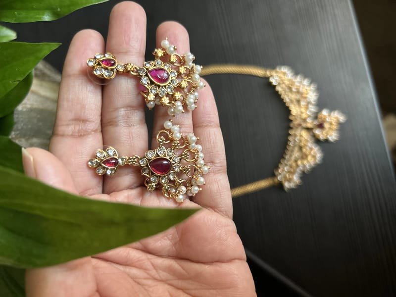 Ruby & White Stone Pearl Drop Necklace Set - Image 3