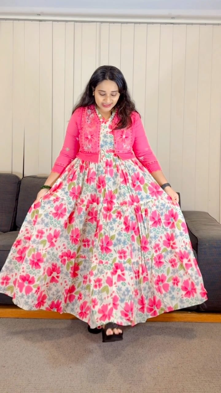 Pink Floral Printed Maxi Dress with Matching Jacket - Image 3