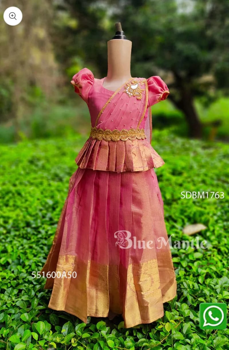 Pink and Gold Half Saree for Girls with Pleated Details  - Image 2