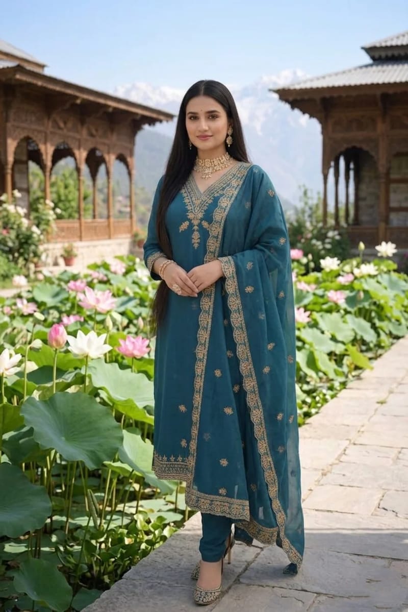  Teal Kurta with Gold Embroidered Yoke - Image 3