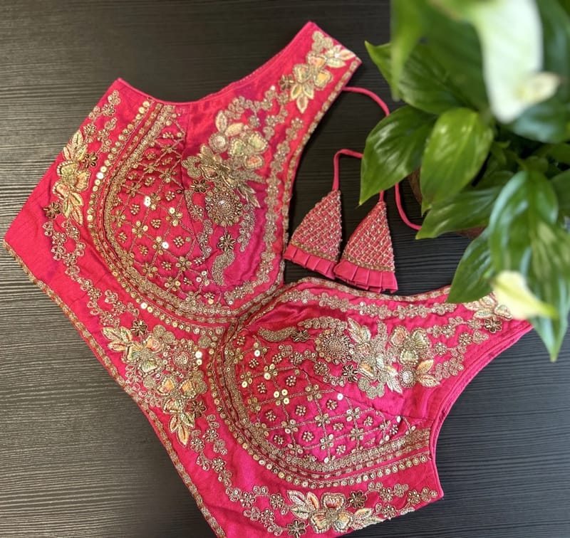  Hot Pink Heavily Embellished Blouse with Zari and Sequin Work - Image 2