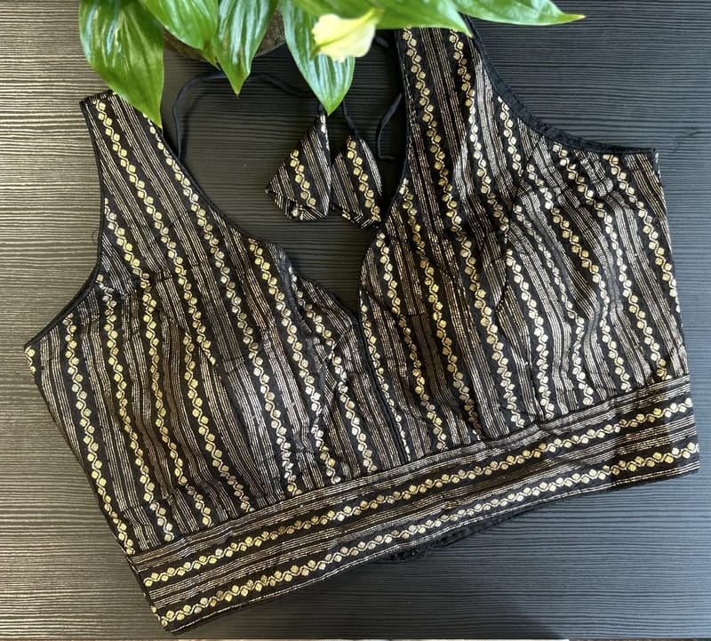 Black and Gold Striped Sleeveless Blouse with Embellished Tassels - Image 2
