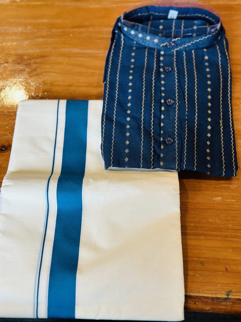 Blue and Gold Printed Kurta with White and Blue Striped Mundu - Image 2