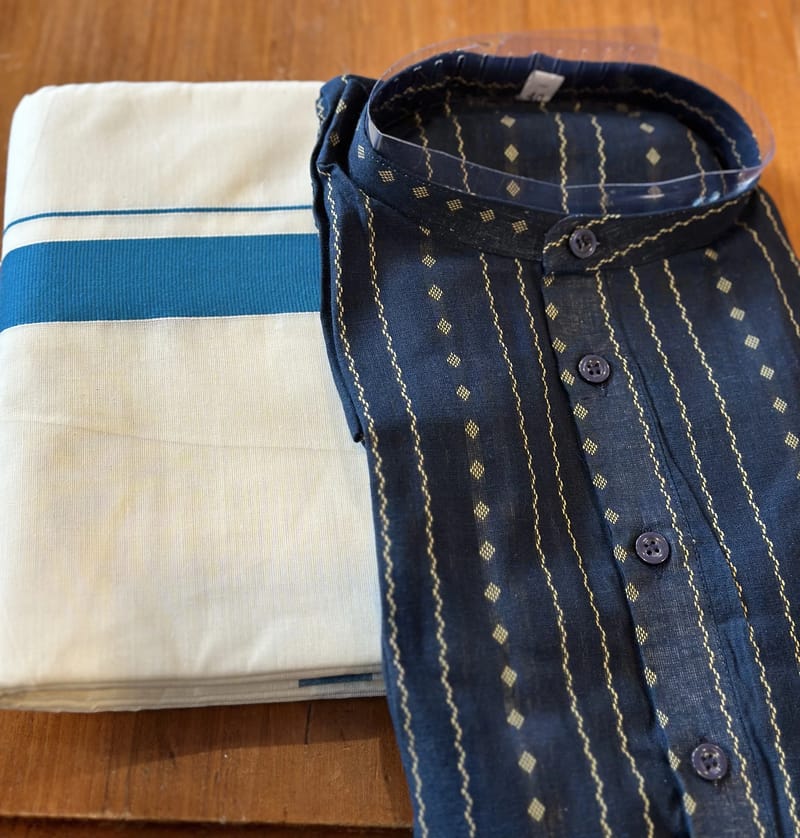 Blue and Gold Printed Kurta with White and Blue Striped Mundu - Image 3