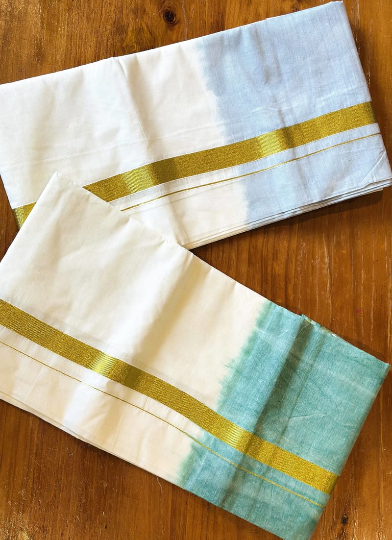 White and Teal Kasavu Mundu with Gold Zari Border. Mundu only - Image 3