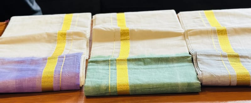 White and Teal Kasavu Mundu with Gold Zari Border. Mundu only - Image 4