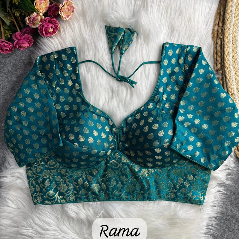  Teal Green and Gold Brocade Blouse with Floral Motifs and Tassels - Image 2